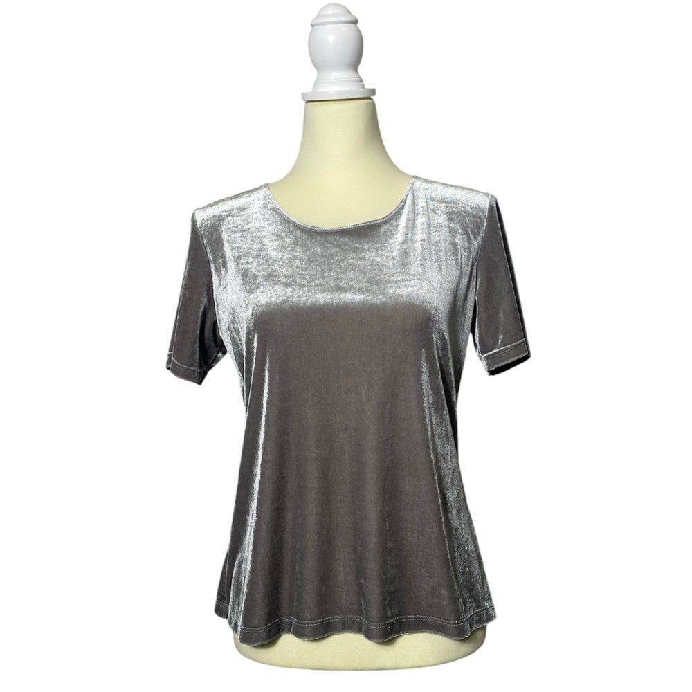 Vintage Y2K Gemilli Gray Velvet Velour Short Sleeve Stretch Blouse Womens Size M